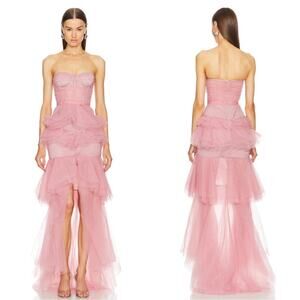 MICHAEL COSTELLO Alai Strapless Tiered Tulle Maxi Gown in Mauve Pink Size XS